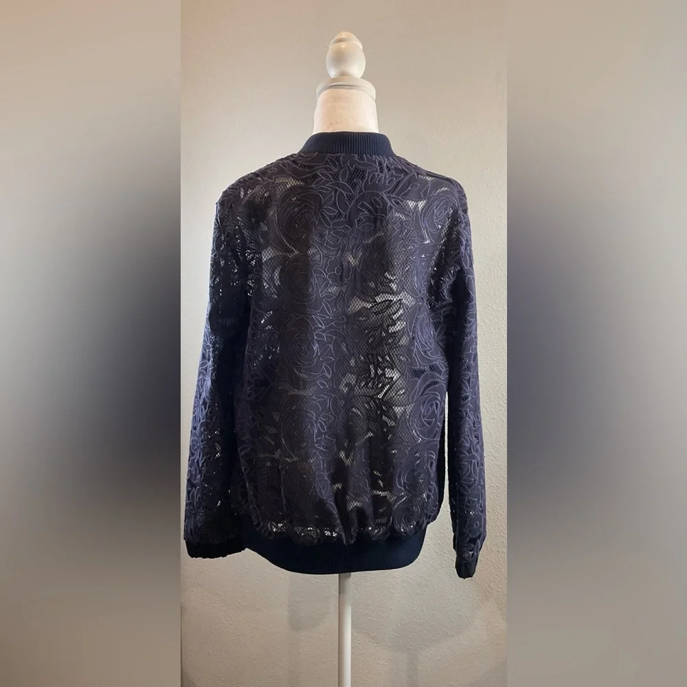 Anthropologie Elevenses Navy Blue Lace Bomber Jacket - Picture 9 of 16
